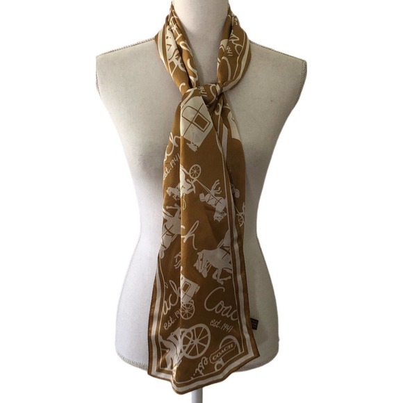 Coach scarf gold carriage pattern 100% silk 27×150 cm Used Japan - Picture 3 of 11